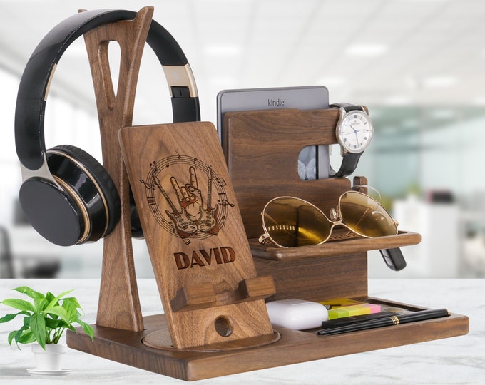 Custom Music Gift for Guitarist, Drummer Boyfriend Him. Engraved Drumstick Hand on Docking Station. Gift for Rock Lovers Guitar Players Gift