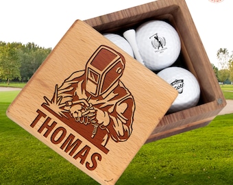 Personalized Welder Golf Gift , Welder Mechanic Gift for Co-worker Boss Welding, Golf Set with Golf Balls, Wooden Box with Welder Equipment