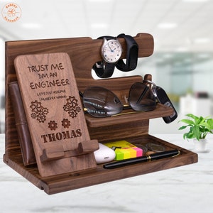 Thank You Gift for Best Engineer Boyfriend - Nightstand Organizer Wood for Phone - Personalized Gift for Dad, Boyfriend Valentines Day Gift