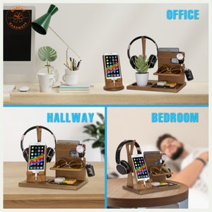 May include: Wooden phone stand with a phone, headphones, sunglasses, watch, and a key. The stand is shown in three different settings: office, hallway, and bedroom.