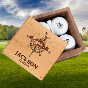 Personalized Golf Gift for Ski Rider with Winter Mountain & Compass Silhouette. Unique Golf Set with Balls and Display Box on Xmas Birthday