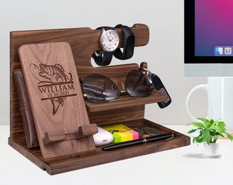 Gift for Fisherman Fishing - Unique Phone Stand, Wallet Stand, Watch Organizer, Key Holder - Personalized Gift Idea on Birthday Father Day