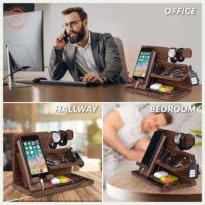 May include: A wooden charging station with multiple compartments for a phone, watch, glasses, and keys. The station is dark brown and has a built-in charging cable. The word "OFFICE", "HALLWAY", and "BEDROOM" are displayed in the image.