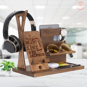 Personalized Football Player Gift, My Heart is on the Line - Unique Headphone Organizer for American Football Fans, Graduation, Birthday