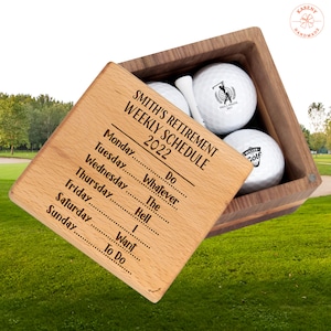 Custom Retired Golf Gift, Retirement Weekly Schedule 2023. Personalized Golf Set with Balls and Wooden Box for Retirees on Xmas, Birthday