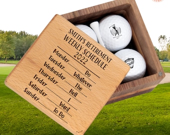 Custom Retired Golf Gift, Retirement Weekly Schedule 2026. Personalized Golf Set with Balls and Wooden Box for Retirees on Xmas, Birthday
