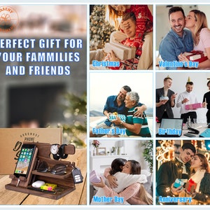 May include: A wooden phone docking station with slots for a phone, watch, glasses, and keys. The image includes text that reads "PERFECT GIFT FOR YOUR FAMMILIES AND FRIENDS" and scenes for Christmas, Valentine's Day, Father's Day, Birthday, Mother's Day, and Anniversary.