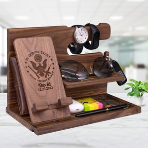 Patriotic Gift Personalized Docking Station, In God We Trust with Eagle. Unique Gadget to Keep Veteran Soldiers Personal Items Organized