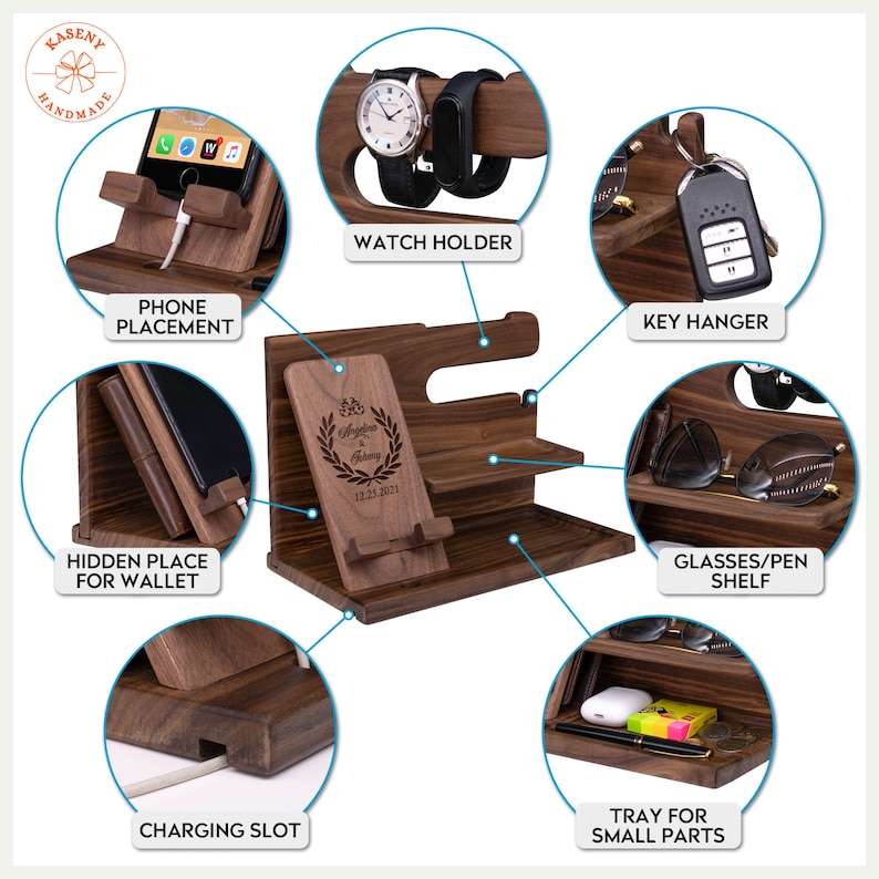 May include: A wooden organiser with multiple compartments for storing various items. It features a phone stand, watch holder, key hanger, glasses/pen shelf, a hidden compartment for a wallet, a charging slot, and a tray for small parts. The organiser is made of dark brown wood and has a personalised inscription.