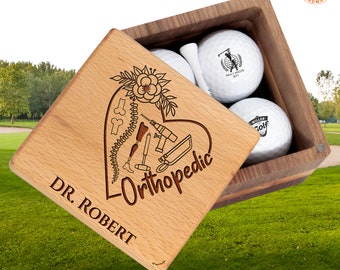 Custom Orthopedic Gift, Orthopedist Gift for Co-worker, Boss Orthopedic Surgeon, Golf Set with Golf Balls, Wooden Box with Orthopedic Symbol