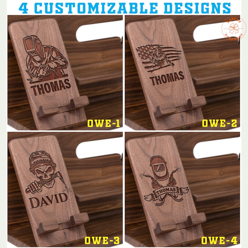 May include: Four customizable wooden phone stands with engraved designs. Each stand features a different design, including a welder, an American flag, and a skull welder. The name "THOMAS" or "DAVID" is engraved on each stand.
