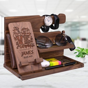 Gift for Camping Personalized Desk Organizer with Campfire Outside Tree Silhouette. Unique Docking Station for Camper Family on Christmas