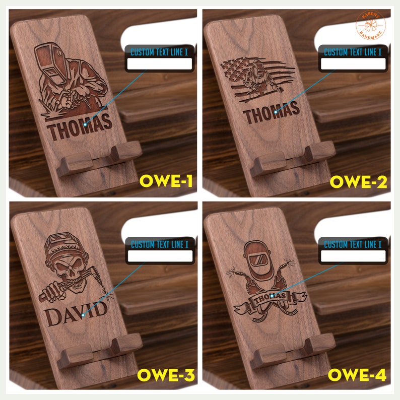 May include: Wooden phone stands with engraved welder designs. Each stand features a different welder graphic and a name, such as "THOMAS" or "DAVID". The stands are made of dark wood and have a slot to hold a phone.