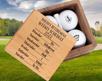 Custom Retired Golf Gift, Retirement Weekly Schedule 2023. Personalized Golf Set with Balls and Wooden Box for Retirees on Xmas, Birthday