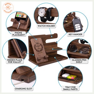 May include: A dark brown wooden organizer with multiple compartments for a phone, watch, keys, glasses, wallet, and small items. Features a charging slot and a personalized phone stand with text.