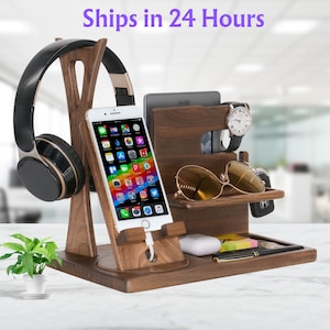 Gift for Men Desk Organizer with Rotating Phone Stand, Headphone Stand Hanger - Handmade & Unique Present for Him Dad Husband on Fathers Day
