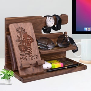 Personalized Gift for Veteran with American Soldier Salutes the Flag. Personalized Nightstand Organizer for Soldier on Veteran Day, Birthday