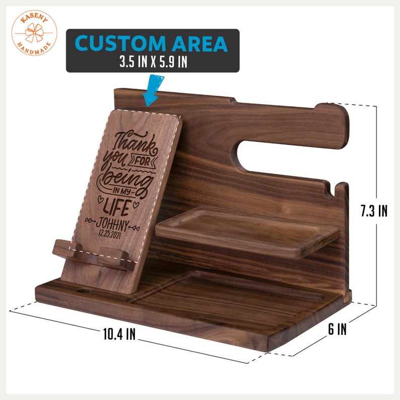 May include: A wooden desk organizer with a phone stand, tray, and watch holder. The organizer has the text "Thank you for being in my life" and the name "Johnny" engraved on it. Dimensions are 10.4 inches long, 6 inches wide, and 7.3 inches high.