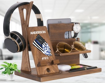 Custom Patriot Gift for Police with Dog K9 on Distressed Flag Thin Blue Line. Unique Headset Organizer to Keep His Workspace More Efficient