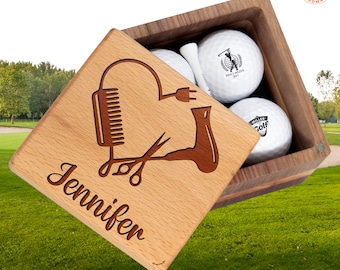 Golf Gift Personalized Hairdresser, Hair Stylists for Co-worker, Boss on National Hairstylist Day, Golf Set with Golf Balls, Wooden Box