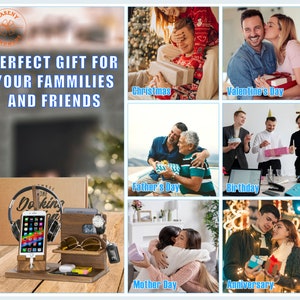 May include: A wooden phone stand with a headphone holder, watch holder, and slots for cards and other accessories. The stand is made of dark wood and has a natural finish. The stand is shown in front of a collage of images depicting different occasions, such as Christmas, Valentine's Day, Father's Day, Birthday, Mother's Day, and Anniversary.