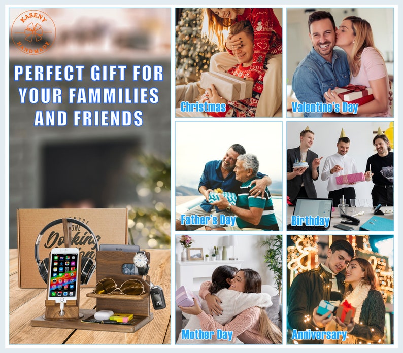 May include: A wooden phone stand with a headphone holder, watch holder, and slots for cards and other accessories. The stand is made of dark wood and has a natural finish. The stand is shown in front of a collage of images depicting different occasions, such as Christmas, Valentine's Day, Father's Day, Birthday, Mother's Day, and Anniversary.