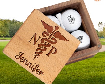 Golf Gift Personalized Nurse Practitioner, NP Nurse Gift for Co-worker, Boss on Nurses Day Nurses Week, Golf Set with Golf Balls, Wooden Box