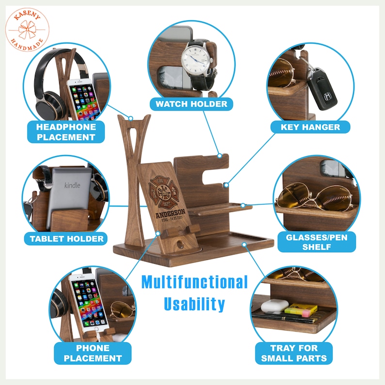 May include: A wooden organizer with multiple compartments for holding various items, including a phone, tablet, watch, keys, glasses, and small parts. The organizer is personalized with the name "Anderson" and a firefighter emblem.