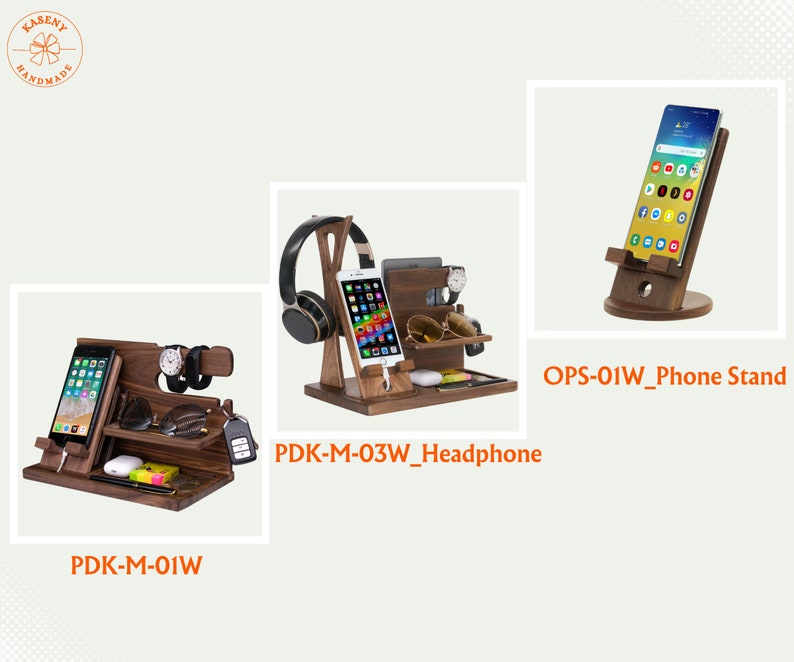 May include: Three wooden phone and accessory stands. The stand on the left has a phone, glasses, a watch, and a key. The middle stand has a phone, headphones, and a watch. The stand on the right has a phone.