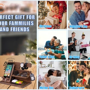 May include: A wooden phone stand with a watch holder, key holder, and slots for cards and other accessories. The stand is made of dark brown wood and has a natural finish. The stand is a great gift for any occasion.