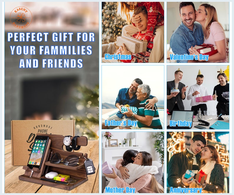 May include: A wooden phone stand with a watch holder, key holder, and slots for cards and other accessories. The stand is made of dark brown wood and has a natural finish. The stand is a great gift for any occasion.