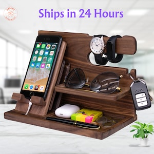 Gift for Men Handmade Docking Station with Key Holder, Wallet Stand and Watch Organizer - Unique Present for Him Dad Husband on Fathers Day