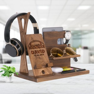Personalized Michigan Football Gift with Skyline City & Ball - Unique Headset Organizer for Wolverine Fan Player Team on Birthday Graduation