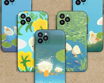 May include: Ten phone cases with different designs featuring ducks and water lily patterns. The cases are all blue, green, and yellow.