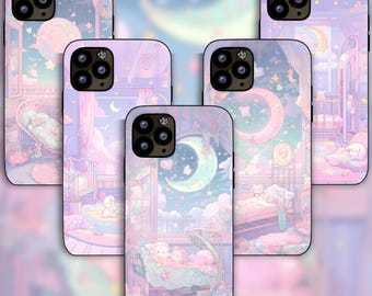 May include: Five different phone cases with a pastel pink, blue, and purple color scheme. Each case features a whimsical illustration of a bedroom with a crescent moon, stars, and clouds.