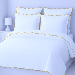 Scalloped Embroidery Duvet Cover Set: 400 Thread Count White Cotton Sateen