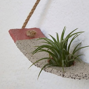 May include: A hanging planter made of speckled white and pink ceramic with a small air plant growing inside. The planter is attached to a wall with a natural twine rope.