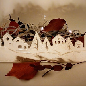 Christmas Skyline, Christmas village houses, Landscape earthenware Luminary, Christmas candles,