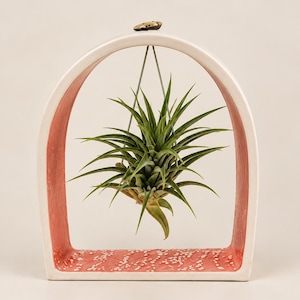 Peut inclure: Un cadre en céramique en forme d'arche avec un extérieur crème lisse et un intérieur rose corail texturé avec des taches blanches. Une plante aérienne verte est suspendue au centre du haut de l'arche par un cordon fin au-dessus de la base.
