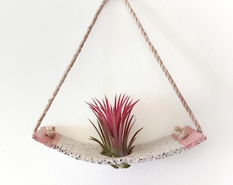 Unique Stoneware Ceramic Air Plant Wall Holder, Cradle-Shaped with Hanging Ropes, Modern Hanging Air Plant Holder, Ceramic Wall plant hanger