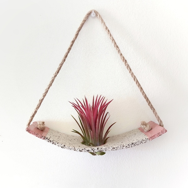 Unique Stoneware Ceramic Air Plant Wall Holder, Cradle-Shaped with Hanging Ropes, Modern Hanging Air Plant Holder, Ceramic Wall plant hanger