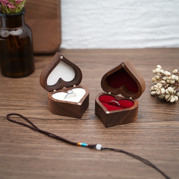 Personalized Wedding Ring Box, Walnut Wood Heart Ring Box, Engagement Heart Ring Bearer single & Double Slot, Proposal Engagement Wood Heart