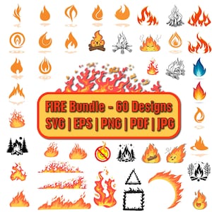 May include: A set of 60 fire designs in various styles, including flames, campfires, and fire pits. The designs are available in SVG, EPS, PNG, PDF, and JPG formats.  "FIRE Bundle - 60 Designs" is written in a yellow banner.