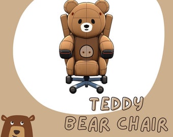 Pode incluir: Uma cadeira de escritório em forma de urso de peluche castanho com um assento e encosto de tecido castanho. A cadeira tem uma base preta com cinco rodas e braços pretos. A cadeira é etiquetada como "Teddy Bear Chair".