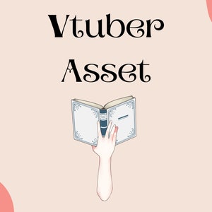 Può includere: Un'illustrazione di una mano che tiene un libro blu e bianco aperto con il testo "Vtuber Asset" sopra.
