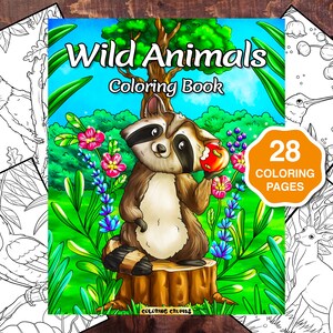 Wild Animals: Adult Coloring Book, Nature Animals Coloring Pages, Gift For Women, Teens, And Girls, Printable Pdf Download, Sloth, Wolf