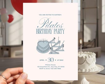 Pilates Birthday Invitation | Hot Workout, Latte Run Invite | Reformer Brunch Party | Pink Red Blue (Editable Canva Template)