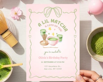 Matcha Birthday Invitation Template: Pink & Green Party (Digital Download)