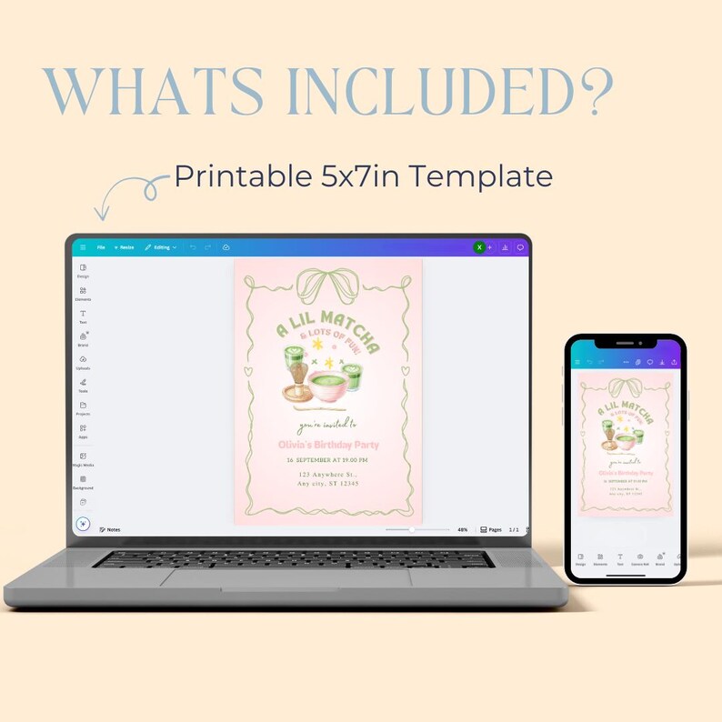 May include: A laptop and smartphone display a pink invitation design with the text "A Lil Matcha & Lots of Fun." The invitation includes matcha-themed illustrations and event details. The text "Whats Included? Printable 5x7in Template" is also visible.