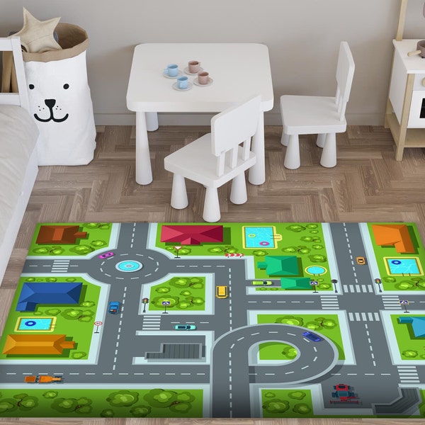 City Nursery Rug,Road Playmat for Kids Room,Car Non Slip Activity Rug,Town Playroom Rug,Street Gray Daycare Mat , Cool Rug, Kids Room Rug